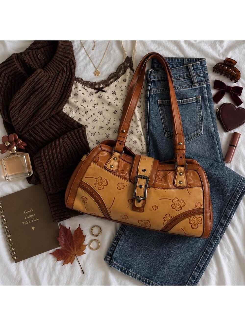 MARC CHANTAL VINTAGE FLORAL LEATHER SHOULDER BAG